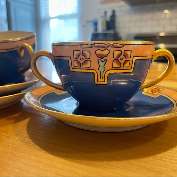 Limoges consommé bowls three, hand painted cerulean blue gold trim. - Picture 3 of 6